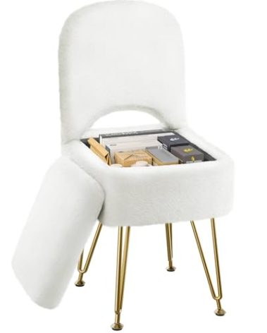 GREENSTELL Vanity Stool Chair with Storage and Folding Back, 13.4" x 15" x 30" Square Faux Fur Soft Ottoman, 4 Metal Legs with Anti-Slip Feet, Furry Padded Seat for Makeup, Bedroom, White