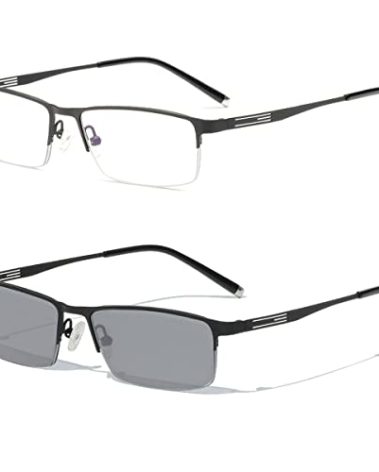 laureles Photochromic Reading Glasses for Men Business Square Metal Half Frame Sun Photochromic Lens Readers (Black, 2.5, multiplier_x)