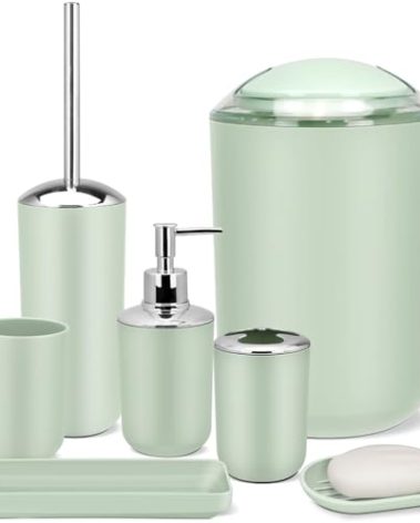IMAVO Bathroom Accessories Set,Green Bathroom Set,7 Pieces Bathroom Accessory Set,Tray,Toilet Brush,Trash Can for Bathroom Décor and Housewarming Gifts