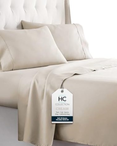 HC COLLECTION Bed Sheets Set Queen with 2 Pillowcases, Hotel Luxury Platinum 1800 Series Brushed Microfiber Deep Pocket Fitted Sheet, Fade Resistant Ultra Soft 4 Pcs Bedding for Hot Sleepers, Cream