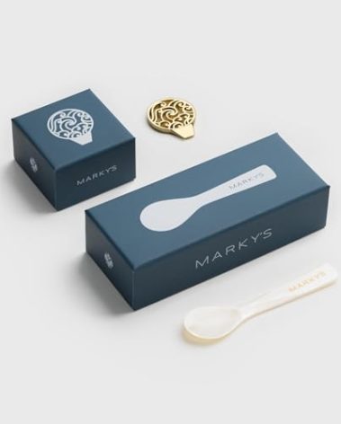 MARKY'S Mother of Pearl Hand-Carved Caviar Spoon + Gold Plated 16 Karat Tin Opener Kit