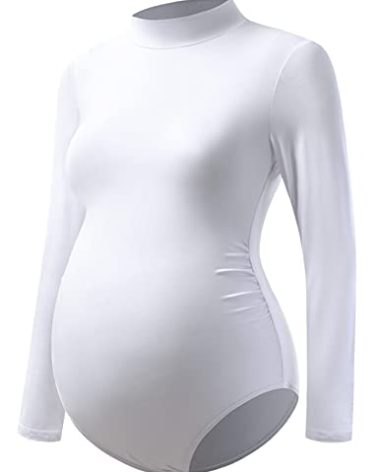 Bhome Maternity Shirt Mock Neck Long Sleeve Bodysuit for Pregnant Photoshoot White M