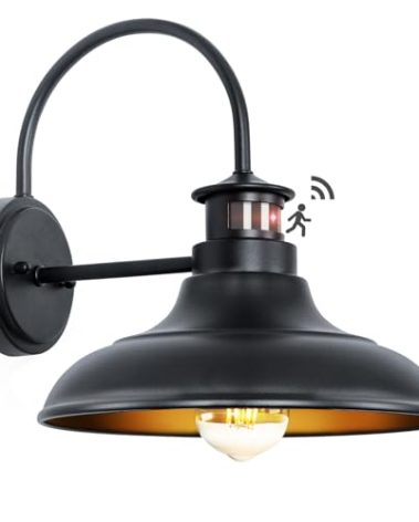 Motion Sensor Outdoor Barn Lights - Dusk to Dawn Farmhouse Gooseneck Barn Light, 12" Large Black Porch Light Fixture Wall Mount, Exterior Wall Lighting Fixture for Garage Patio Doorway, 1 Pack