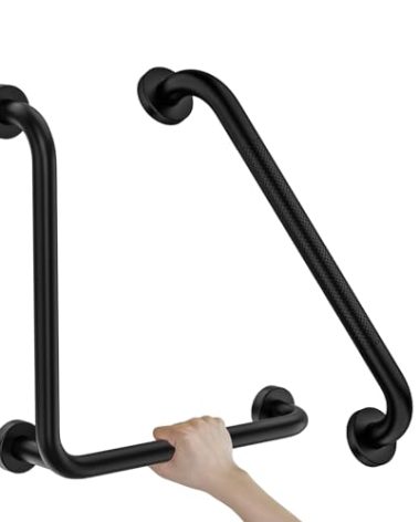 L-Shaped Shower Grab Bar 16x16 Inch, Zepolu Stainless Steel Matte Black Safety Grab Rail, Bathroom Mobility Aid Handrail, Wall Mounted Balance Support Bar Assist Handle for Senior Elderly Handicap