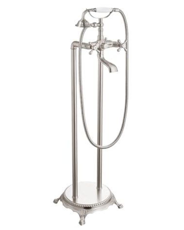 gotonovo Freestanding Bathtub Faucet Floor Mount Tub Filler with Double Cross Knobs 360° Rotation Spout High Flow Floor Standing Bathtub Shower Trumpet Shape Handheld Spray Brushed Nickel