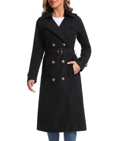 poonyfesh Women's Waterproof Long Trench Coat Double Breasted Length Classic Lapel Belt Coat With Removable Hood Black Large