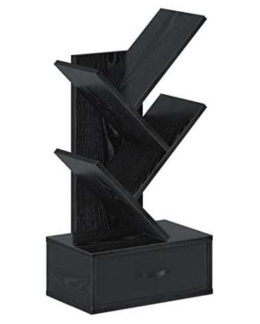 Rolanstar Bookshelf with Drawer, 4 Shelf Tree Bookshelf, Wooden Bookshelves Storage Rack for CDs/Movies/Books, Black Bookcase, Utility Organizer Shelves for Living Room, Bedroom