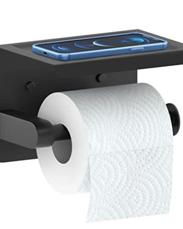 Modern Matte Black Self Adhesive Toilet Paper Holder with Shelf – Stick-On or Drill Installation, Rustproof SUS304 Steel, Space-Saving Bathroom Tissue Roll Holder for RV, Apartment, Guest Toilet