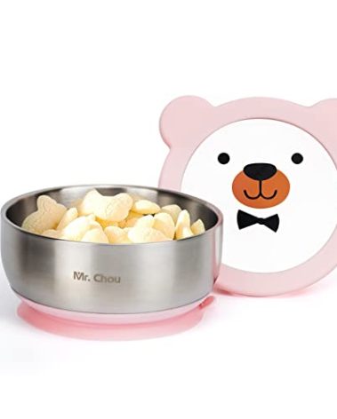 MR. CHOU Food-Grade Stainless Steel Baby Bowls with Leakproof Tempered Glass Lid, First Stage Baby Led Weaning Supplies for Boys & Girls, Silicone Suction Bowls for Baby Feeding (Pink)