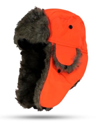 Iconikal Men's Trapper Winter Hat Hunter Blaze Orange Faux Fur Lined Ear Flap Quick Release Buckle Warm Hunting Cap One Size Fits Most Adults