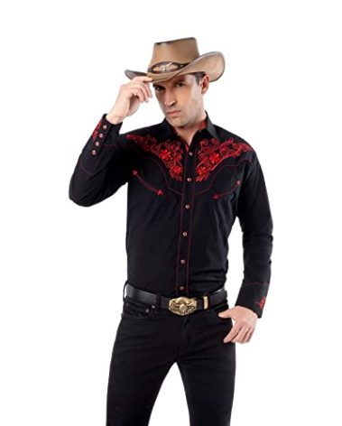 EL PIONERO Men's Western Shirt Long Sleeve Embroidered Cowboy Casual Snap Button Shirt Black