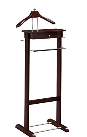 Proman Products Kingston III Valet Stand with Drawer, Contour Hanger, Trouser Bar, Tie & Belt Hooks and Shoe Rack - VL16260