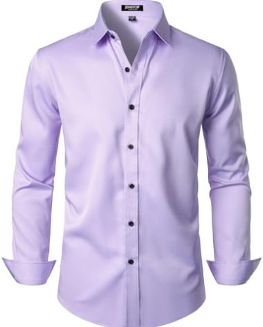 JEMITOP Men's Stretch Wrinkle Free Dress Shirts Formal Wedding Prom Long Sleeve Button Down Shirt Lavender Purple M