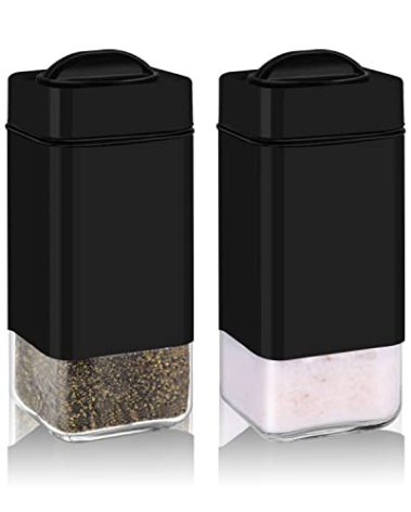 Black Salt and Pepper Shakers by Aelga, Glass Salt Shaker Set with Adjustable Pour Holes, Ideal for Black Pepper, Kosher and Himalayan