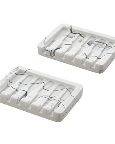 INIUNIK 2PCS Self Draining Soap Dish - Marble Look Soap Holder Tray Savers Box Container Sponge Holder for Bathroom Shower Kitchen, White