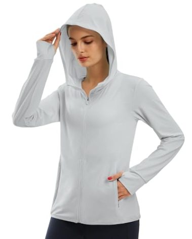 Libin Women's Full Zip UPF 50+ Sun Protection Hoodie Jacket Long Sleeve Sun Shirt Hiking Outdoor Performance with Pockets Light Gery L