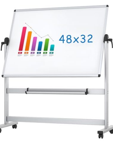 VIZ-PRO Double-Sided Magnetic Mobile Whiteboard, 48 x 32 Inches, Aluminium Frame and Stand
