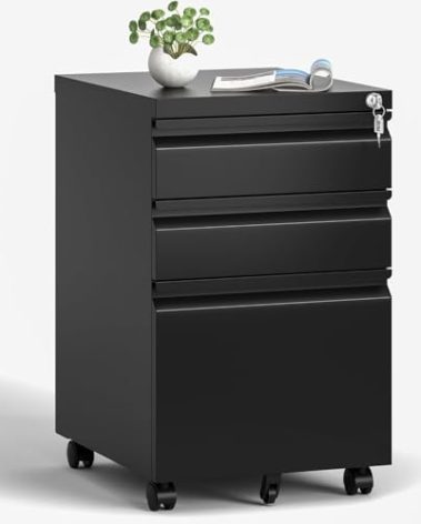 Guizeeopo 3 Drawer File Cabinet with Lock, Filing Cabinets for Home Office, Metal Storage Cabine, Under Desk Cabinet for Legal/Letter/A4-Size, Fully Assembled Expect Casters, Matte Black