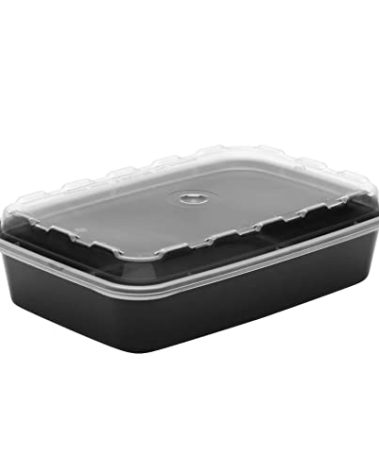Cubeware Rectangular Black Reusable Plastic Microwavable Food Container with Clear Lid Set, 16 Ounce - 150 Set per case.