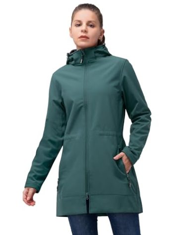 33,000ft Women's Waterproof Softshell Long Rain Jacket with Hood Fleece Lined Windproof Windbreaker