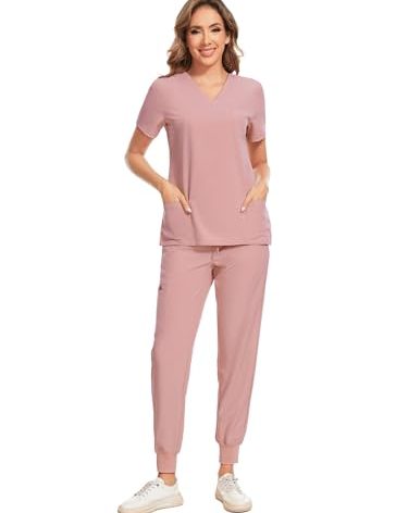 COZYFIT Women's Scrubs Set - Stretch V-Neck Top & Jogger Pant with 8 Pockets, Yoga Waistband, Anti Wrinkle, Slim Fit - Pink, XL
