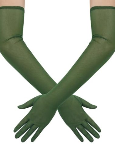 Hazhlko Women's Long Stretchy Mesh Tulle Sheer Gloves Costume Wedding Opera Halloween Party 1920's Dance Gloves Dark Green