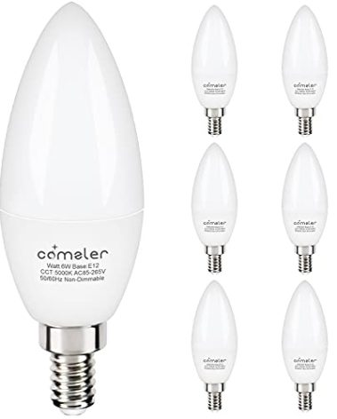 comzler 6W Candelabra LED Bulb, Small Base E12 LED Bulb 60 Watts Equivalent,Chandelier Light Bulbs Type B Light Bulb Daylight 5000K, Pack of 6, Non-Dimmable