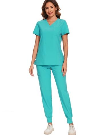 COZYFIT Scrubs for Women Set - Stretch V-Neck Scrub Top & Jogger Pant with 8 Pockets, Yoga Waistband, Anti Wrinkle, Slim Fit Women Scrubs - Teal, 5XL