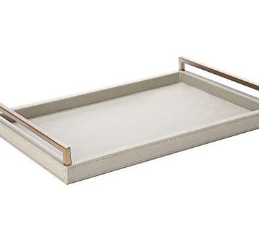 17.7 * 11.8" Grey Faux Leather Decorative Tray Serving Tray for Coffee Table Console Table with Matt Gold Stainless Steel Handles (Grey)