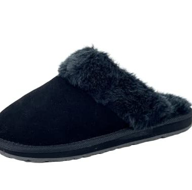 Clarks Womens Open Back Suede Leather Comfort Clog Slipper JMS0583C - Plush Faux Fur Trim - Indoor Outdoor House Slippers For Women (9 M US, Black)