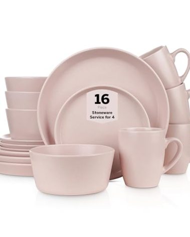 Stone Lain Albie Stoneware 16-Piece Modern Dinnerware Set, Kitchen Plates and Bowls Sets, Dish Set for 4, Pink