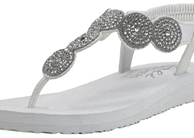 Skechers Women's Meditation-Stars And Spakle Thong Sandal White/Silver 9