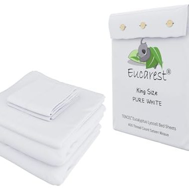 Eucalyptus Lyocell Bed Sheets, Hypoallergenic 100% Organic Tencel, Thermal Regulating and Moisture Wicking for Hot Sleepers, Superior Thread Quality, Extra Deep Pockets King Size – White