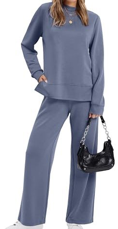 XIEERDUO Lounge Sets for Women Fall 2 Piece Travel Outfits Long Sleeve Tracksuit Airport Loungewear Mock Neck Sweatsuit Winter Track Suit Wide Leg Pants Matching Clothing Set Curise Wear Blue M