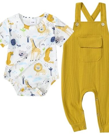 CARETOO Toddler Baby Boys Clothes Summer Outfit Stripe T-Shirt Shortall Romper Set Cute Bodysuit Solid Color