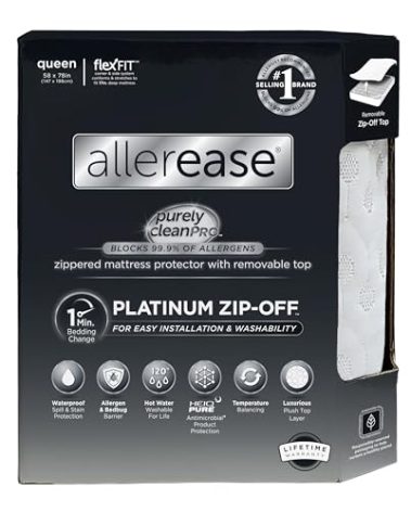 AllerEase Platinum Zip-Off Top Waterproof Mattress Protector Queen Size 360 Degree Zipper Allergen Barrier Temperature Balancing Luxurious Plush Top Separately Machine Washable Mattress Cover (White)