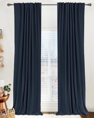 100% Blackout Shield Linen Blackout Curtains for Bedroom 96 Inches Long, Back Tab/Rod Pocket Living Room Drapes, Thermal Insulated Blackout Curtains 2 Panels Set, 50" W x 96" L, Navy