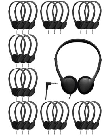 MNINEANDMORE 25 Pack Headphones Bulk for School Wired Student Earphones for Classroom with Adjustable Headband On-Ear Class Set Headsets Individually Packed（Black）