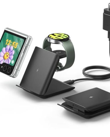 Geyo Wireless Charger for Samsung Galaxy Z Flip, 2 in 1 Foldable Travel Fast Wireless Charging Stand for Galaxy Z Flip 7/6/5/4/3, Galaxy S24 Ultra/S23/S22/Note 20, Galaxy Watch 7/Ultra/6, Black