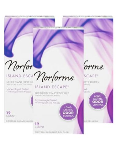 Norforms Feminine Deodorant Suppositories, Long Lasting Odor Control, Island Escape Scent, 12 Count Deodorant Suppositories in Each Box (Pack of 3)