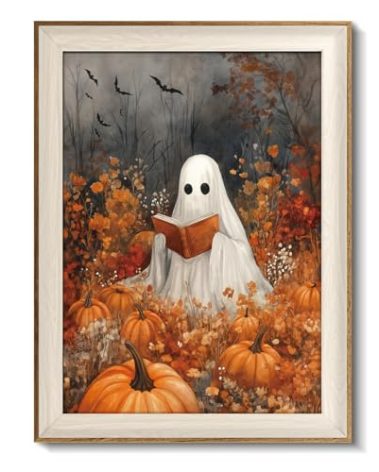 VIYYIEA Framed Wall Art for Living Room, Reading Ghost Canvas Prints, Autumn Home Decor, Halloween Painting Picture, Bathroom Wall Decor Gifts for Friends or Family -【Reading Ghost】-(16L x 12W)