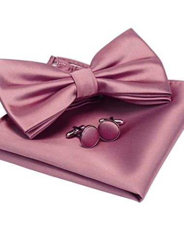 GUSLESON Mens Solid Color Pre-tied Dusty Rose Bow Tie and Pocket Square Cufflink Set for Wedding (0570-32)