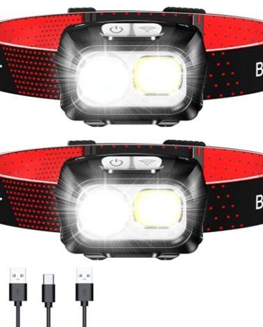Blukar LED Headlamp Rechargeable,2000L Super Bright Headlight with Motion Sensor -Dimmable Brightness,8 Modes,Spotlight&Floodlight&Red Light Combination,IPX5 Waterproof for Hiking,Camping - 2 Pack