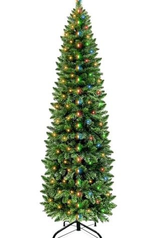 TURNMEON Dual Color Change 6.5 Ft Prelit Pencil Christmas Tree 8 Modes Timer Warm White & Multicolor Lights 826 Thick Branch Artificial Slim Xmas Tree Christmas Decorations Indoor Outdoor Home Holiday