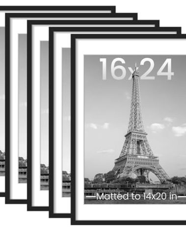 upsimples 16x24 Picture Frame Set of 5, Display Pictures 14x20 with Mat or 16 x 24 Without, Wall Gallery Poster Frames, Black