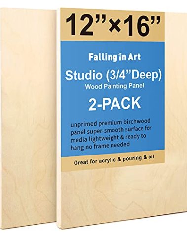 Falling in Art Unfinished Birch Wood Canvas Panels Kit, 2 Pack of 12x16’’ Studio 3/4’’ Deep Cradle Boards for Pouring Art, Crafts, Painting, and More