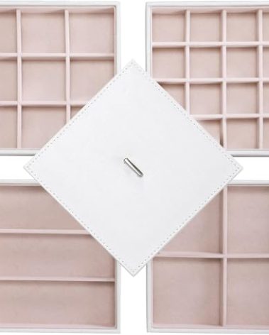 BEWISHOME Jewelry Organizer Trays Stackable Earring Storage Trays with Lid for Dresser and Drawer 32 Slots for Rings, Earrings, Necklaces, Bracelets and Watches Set of 4 White SSH81W