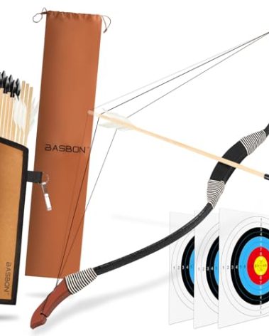 Kids Bow and Arrow Set, 33″ Archery Set Wrapped in Microfiber Leather Wooden Toy Bow and Arrow for Kids 6-8 8-12, 7 Wood Arrows, 3 Feathered Arrows (Rubber Tip), Gifts for Youth Boys Girls, Black