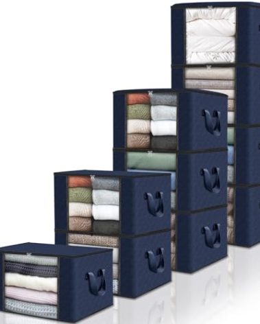 Fab totes 10 Pack Clothes Storage, Foldable Thick Fabric Blanket Storage Bags, Containers for Organizing Bedroom, Closet, Clothing, Comforter,Closet Organization with Handle,Blue