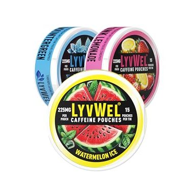 LyvWel 225mg Caffeine Energy Pouches | Nootropic Focus & Neuro Support | Tobacco-Free, Nicotine-Free, Quick Energy Solution | 3-Pack: 45 Pouches (3 Pack, Watermelon Ice, Pink Lemonade, Wintergreen)